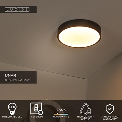 Lucide UNAR - Flush ceiling light - Ø 30 cm- LED 3 StepDim - 1x18W 2700K - Black